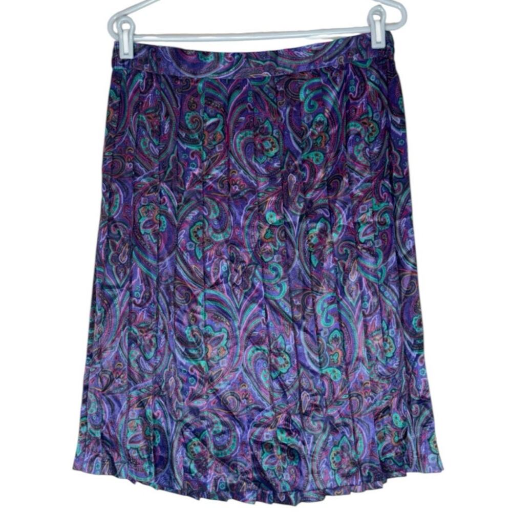 Vintage 90s Satin Pleated Purple Paisley Knee Length Skirt Large Retro Career